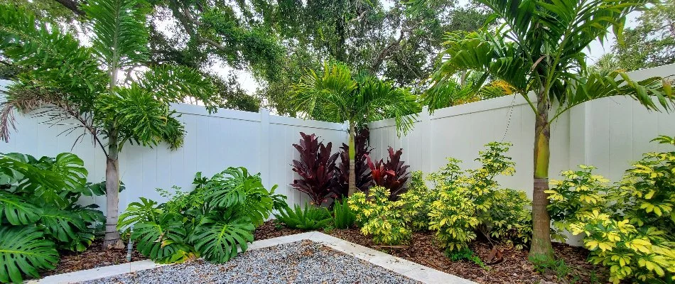 Plants and mulch near a white fence in New Smyrna Beach, FL.