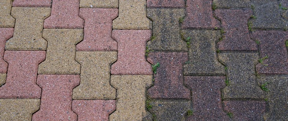 Red and tan pavers in New Smyrna Beach, FL, that are half cleaned and sealed.